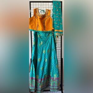 Vibrant Orange and Teal Saree